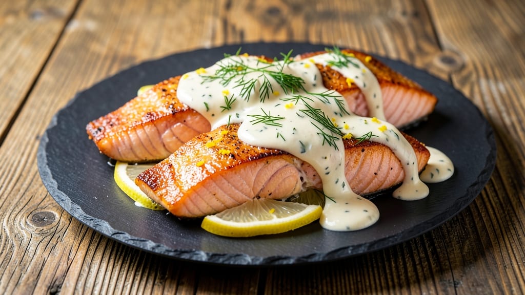 Baked Salmon With Sour Cream Dill Sauce Recipe: Crispy Skin, Herby Cream Blanket