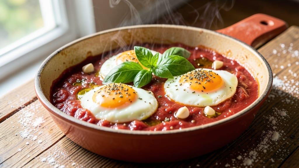 Baked Eggs in Tomato Sauce Recipe: Soft-Cooked Eggs Poached in Rich, Herbed Sauce