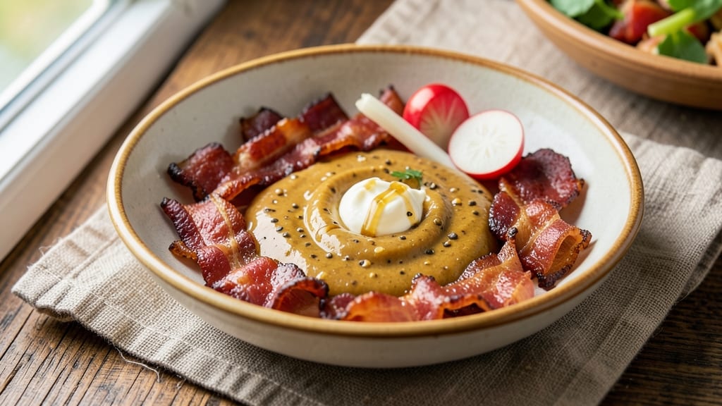 Bacon Mustard Sauce Recipe: Smoky-Sweet Emulsion With Crunchy Celery Crown Topping